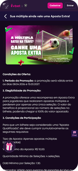 Promoção Aposta Extra da Vbet para apostas múltiplas válida até março de 2027, com reembolso proporcional ao número de seleções no bilhete