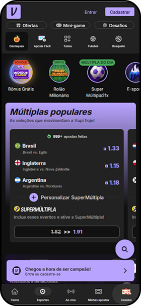 Casa de apostas Vupi apresentando múltiplas populares incluindo os jogos do Brasil, Inglaterra e Argentina