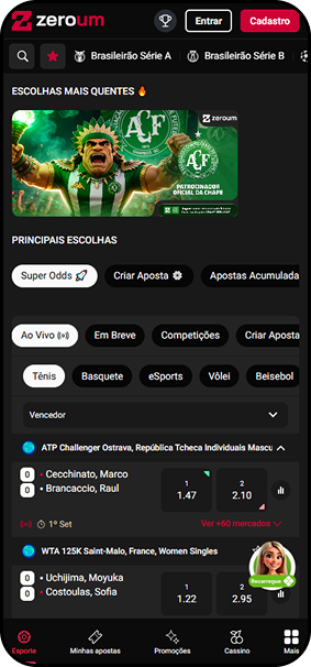 Apostas esportivas ao vivo na Zeroum com destaque para tênis e Super Odds, tendo a Chapecoense como patrocinadora oficial da casa