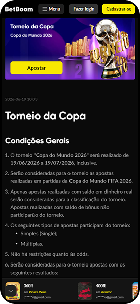 Torneio da Copa Betboom com prêmios para os 100 primeiros colocados