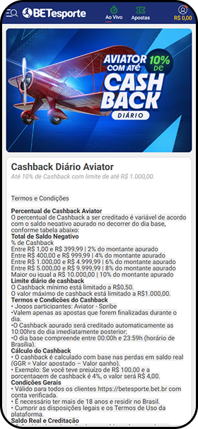 BETesporte com promoção Cashback Diário Aviator de até 10% sobre perdas, com limite de R$1.000 por dia