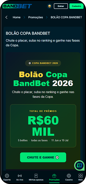 BandBet com Bolão Copa 2026 oferecendo R$60 mil em prêmios distribuídos em 5 bolões durante todas as fases
