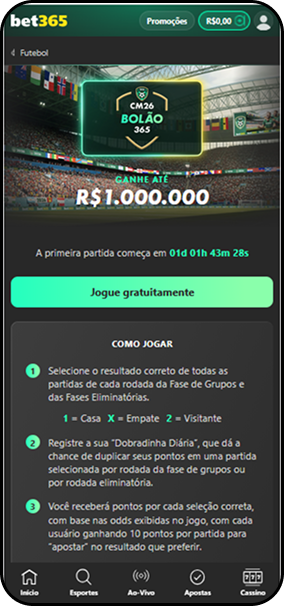 Bolão da casa de apostas bet365 exclusivo para a Copa do Mundo de 2026