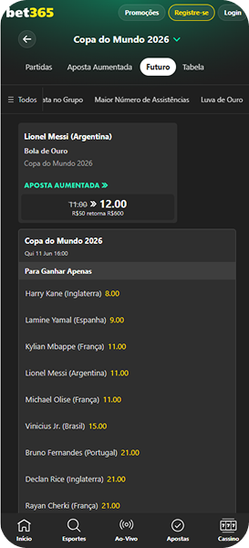bet365 com Aposta Aumentada na Bola de Ouro de Messi à odd 12.00 e mercado Para Ganhar com Kane (8.00) e Vinicius Jr. (15.00)
