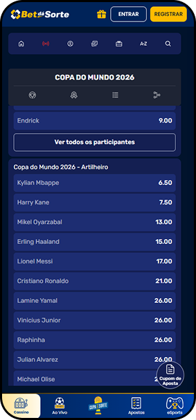 Bet dá Sorte com odds para Artilheiro da Copa do Mundo 2026, listando Mbappé, Kane, Haaland, Messi e Vinicius Junior