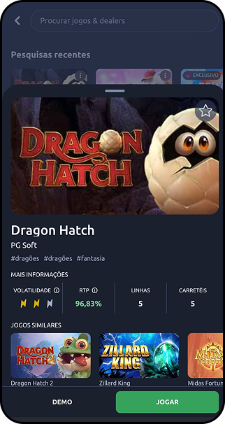 Dragon Hatch da PG Soft na Betano com RTP de 96,83%, 5 linhas, 5 carretéis e jogos similares como Dragon Hatch 2 e Zillard King

