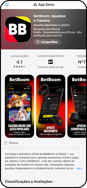 App BetBoom na App Store com nota 4.1 em 34 avaliações, disponível para iPhone