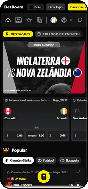 Casa de apostas Betboom com odds para o jogo Inglaterra x Nova Zelândia