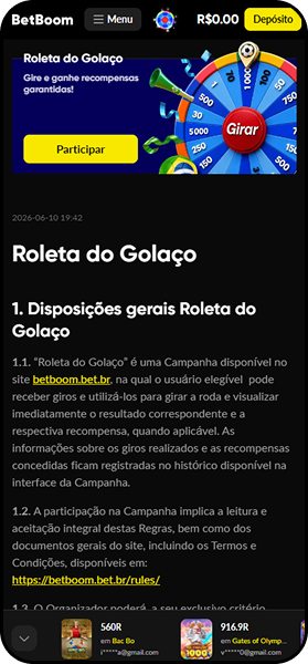 Roleta do golaço na Betboom com a distribuição de prêmios como apostas grátis.
