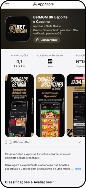 App BetMGM na App Store com nota 4.1 em 14 avaliações, disponível para iPhone e iPad