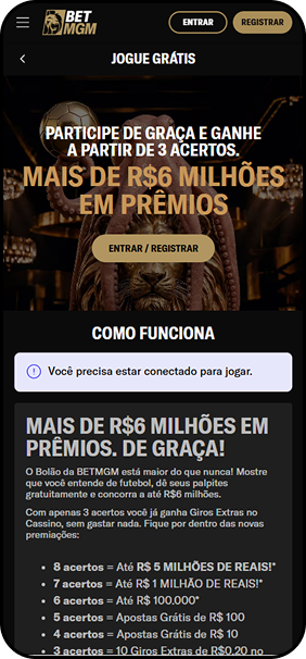 BetMGM com Bolão gratuito da Copa do Mundo oferecendo até R$6 milhões em prêmios a partir de 3 acertos