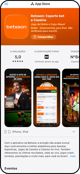 App Betsson na App Store com nota 5.0 em 6 avaliações, disponível para iPhone e iPad