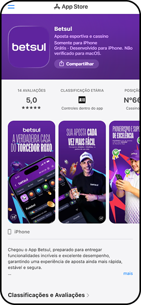 App Betsul na App Store com nota 5.0 em 14 avaliações, classificação etária A18, disponível para iPhone