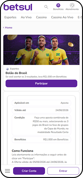 Betsul com Bolão do Brasil, R$1.000 em benefícios para quem fizer aposta combinada de R$50 acertando os 3 jogos da fase de grupos