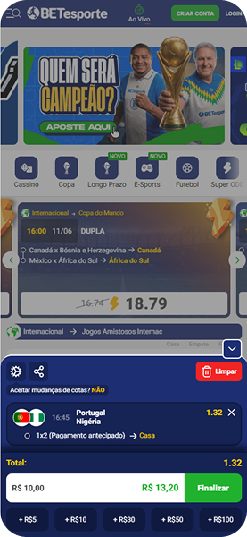 BETesporte com bilhete dupla da Copa do Mundo 2026 com odd 18.79, incluindo Canadá e África do Sul como vencedores