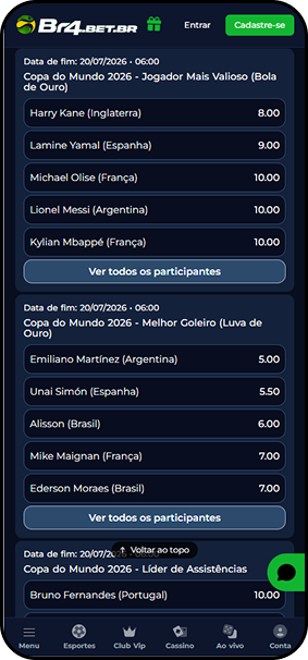 Br4bet com odds para Bola de Ouro da Copa do Mundo 2026, incluindo Kane (8.00), Yamal (9.00) e Messi (10.00)