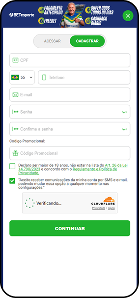 BETesporte com formulário de cadastro solicitando CPF, telefone, e-mail e senha com campo para código promocional