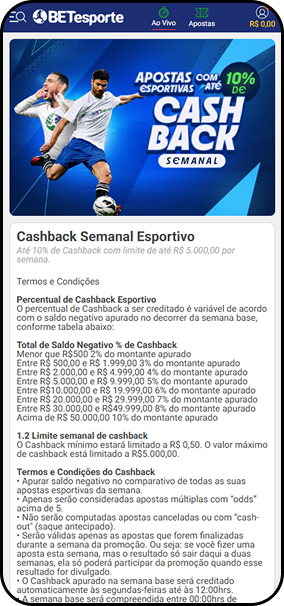 BETesporte com promoção Cashback Semanal Esportivo de até 10% sobre saldo negativo, com limite de R$5.000 por semana
