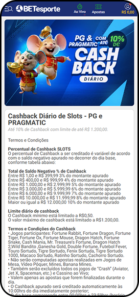 BETesporte com promoção Cashback Diário de até 10% em slots da PG e Pragmatic, com limite de R$1.200 por dia
