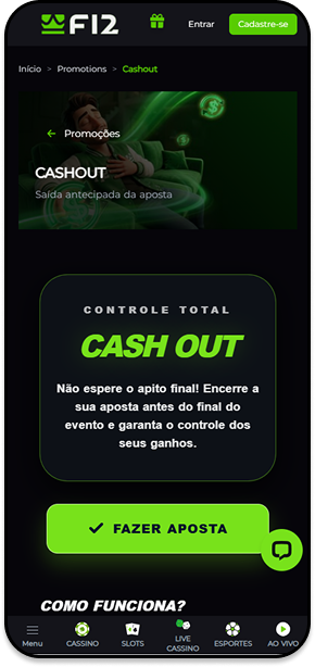 F12.bet com funcionalidade Cash Out para encerrar apostas antes do fim do evento e garantir os ganhos antecipadamente