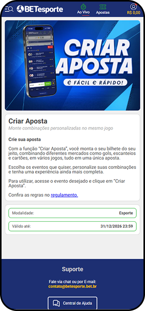 BETesporte com funcionalidade Criar Aposta para combinar mercados como gols, escanteios e cartões em um único bilhete