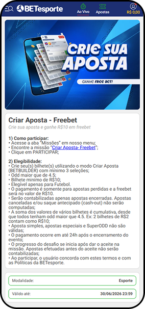 BETesporte com promoção Criar Aposta Freebet de R$10 ao criar bilhete com mínimo 3 seleções e odd acima de 4.5