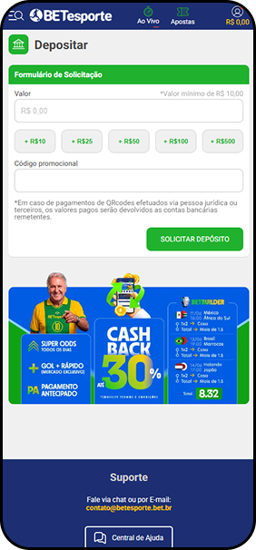 BETesporte com formulário de depósito a partir de R$10 e destaque para cashback de 30% e Super Odds