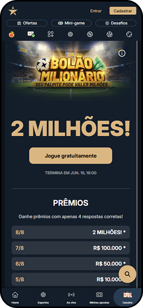 Bolão Milionário da Estrela Bet com prêmio de R$2 milhões para 8 acertos em 8, jogável gratuitamente até 19 de junho