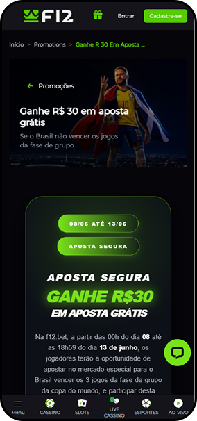 F12.bet com promoção Aposta Segura de R$30 em aposta grátis caso o Brasil não vença os jogos da fase de grupos, válida de 08 a 13 de junho