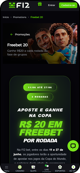 Freebet no valor de R$20 para as apostas durante a Copa na F12.bet