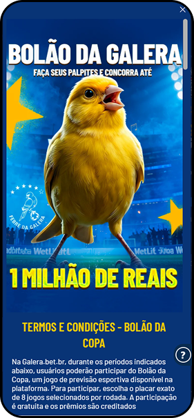 Galera Bet com Bolão da Copa oferecendo R$1 milhão em prêmios para quem acertar o placar exato de 8 jogos por rodada