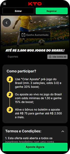 Ganho aumentado até R$2.500 em jogos do Brasil na KTO durante a Copa do Mundo 2026