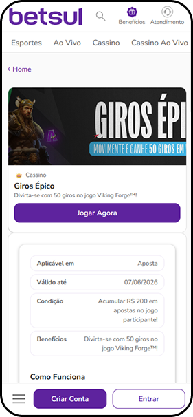 50 giros grátis na Betsul para o jogo Viking Forge