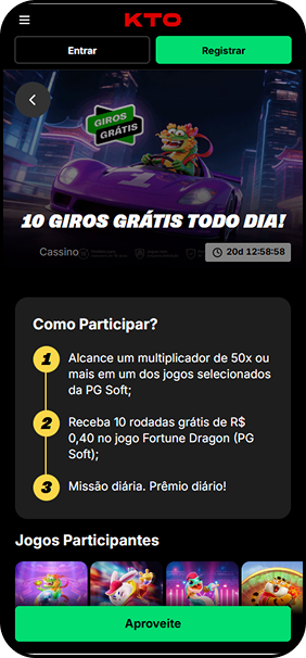 KTO com promoção de 10 giros grátis diários no Fortune Dragon ao atingir multiplicador de 50x em jogos da PG Soft