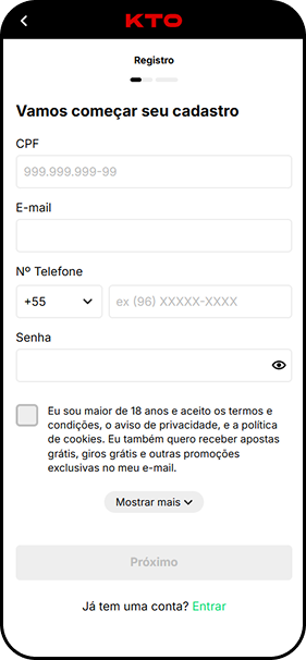 KTO com formulário de cadastro solicitando CPF, e-mail, telefone e senha