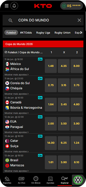 KTO com odds 1x2 para jogos da Copa do Mundo 2026, incluindo Brasil x Marrocos e México x África do Sul