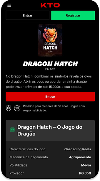 Dragon Hatch da PG Soft disponível na KTO com prêmios de até 15.000x, volatilidade média e mecânica de cascading reels