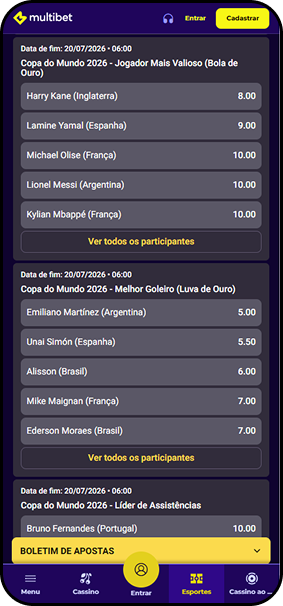 Multibet com odds para Bola de Ouro da Copa do Mundo 2026, incluindo Kane (8.00), Yamal (9.00) e Messi (10.00)