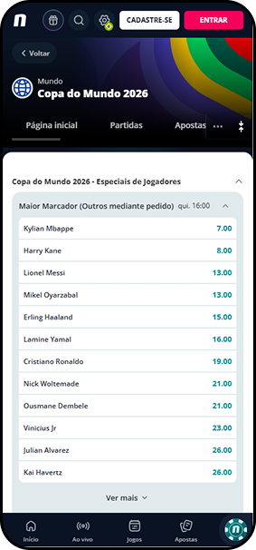 Novibet com mercado Maior Marcador da Copa do Mundo 2026, listando Mbappé, Kane, Messi e Vinicius Jr.