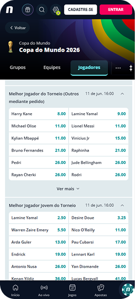 Novibet com odds para Melhor Jogador da Copa do Mundo 2026: Kane (8.00), Yamal (9.00), Messi (11.00) e Vinicius Jr. (15.00)