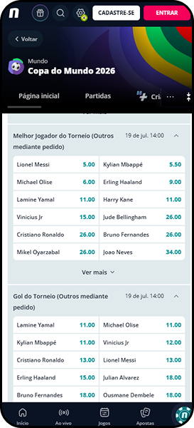 Odds na Novibet para melhor jogador da copa com odds para Messi, Mpabbé e Haaland
