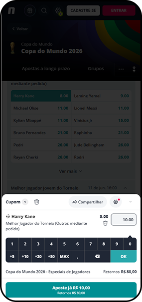 Novibet com cupom de aposta em Harry Kane como Melhor Jogador da Copa do Mundo 2026 à odd 8.00, retorno de R$80,00