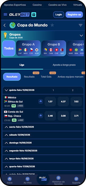 Oleybet com odds 1x2 para Copa do Mundo 2026 nos jogos México x África do Sul e Coreia do Sul x Rep. Tcheca