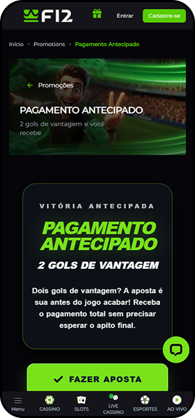 F12.bet com promoção Pagamento Antecipado que liquida a aposta ao abrir 2 gols de vantagem, sem esperar o apito final