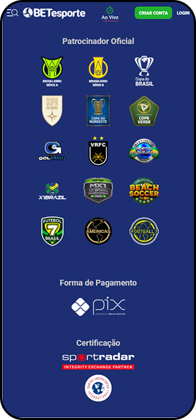BETesporte como patrocinador oficial do Brasileirão Série A, Copa do Brasil e outros campeonatos, com pagamento via Pix