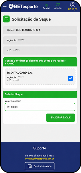 Solicitação de saque na Betesporte no valor de 10 reais