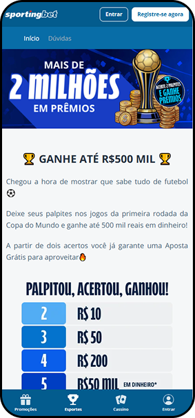 Sportingbet com bolão da primeira rodada da Copa do Mundo oferecendo até R$500 mil em prêmios a partir de 2 acertos