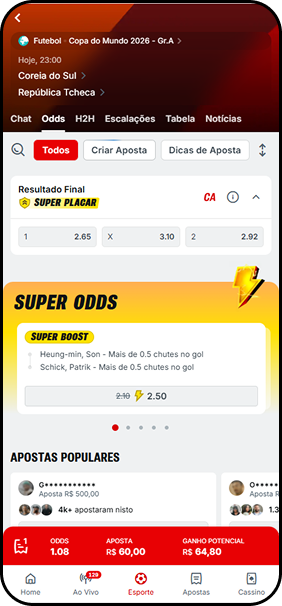Superbet com Super Odds para Coreia do Sul x República Tcheca na Copa do Mundo 2026, com Super Boost em Son e Schick à odd 2.50