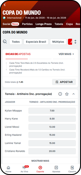 Superbet com mercado de Artilheiro da Copa do Mundo 2026, incluindo Mbappé, Kane, Messi e Cristiano Ronaldo