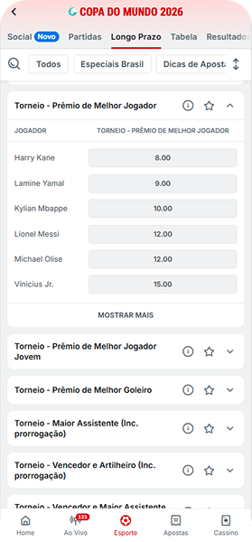 Superbet com mercado Longo Prazo da Copa do Mundo 2026 e odds para Melhor Jogador: Kane (8.00), Yamal (9.00) e Mbappé (10.00)